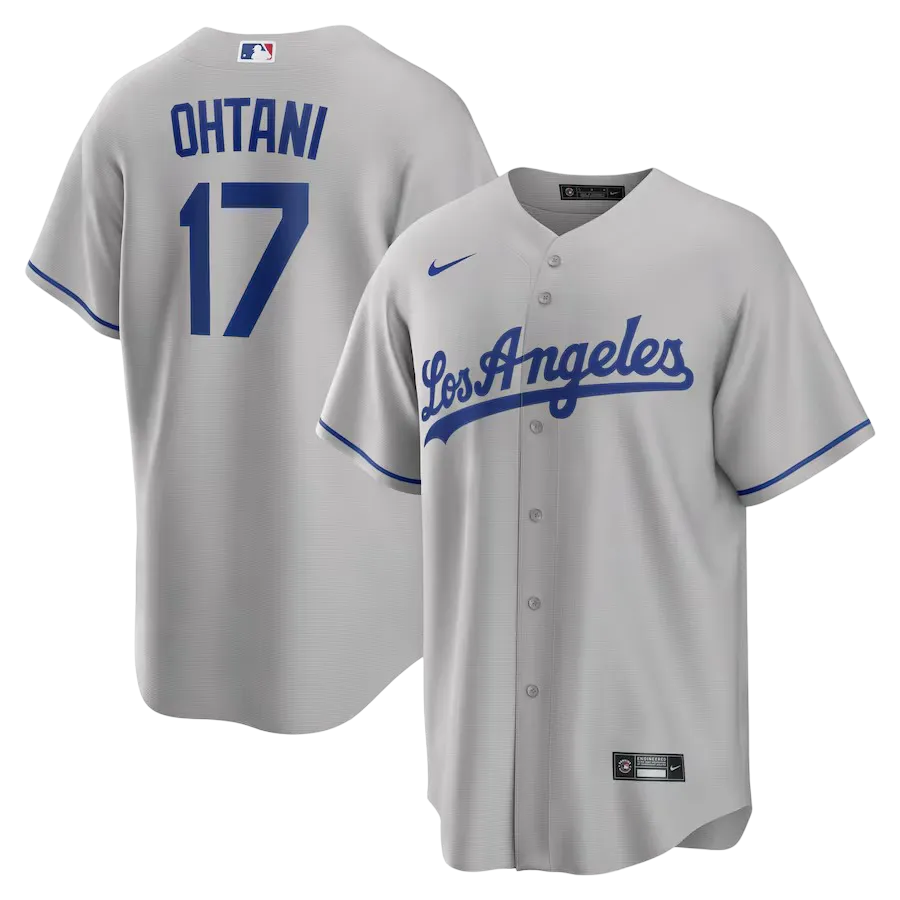 Shohei Ohtani gray jersey Dodgers away uniform Los Angeles blue script number 17 NIPPONKITS