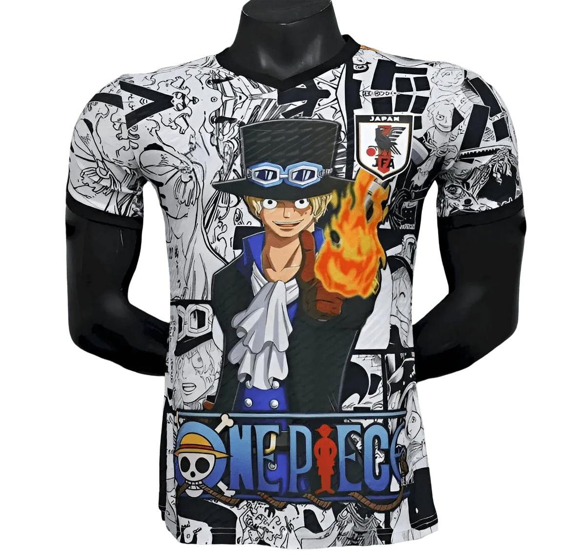 Portgas D Ace Jersey with explosive manga collage background and central orange flame effects