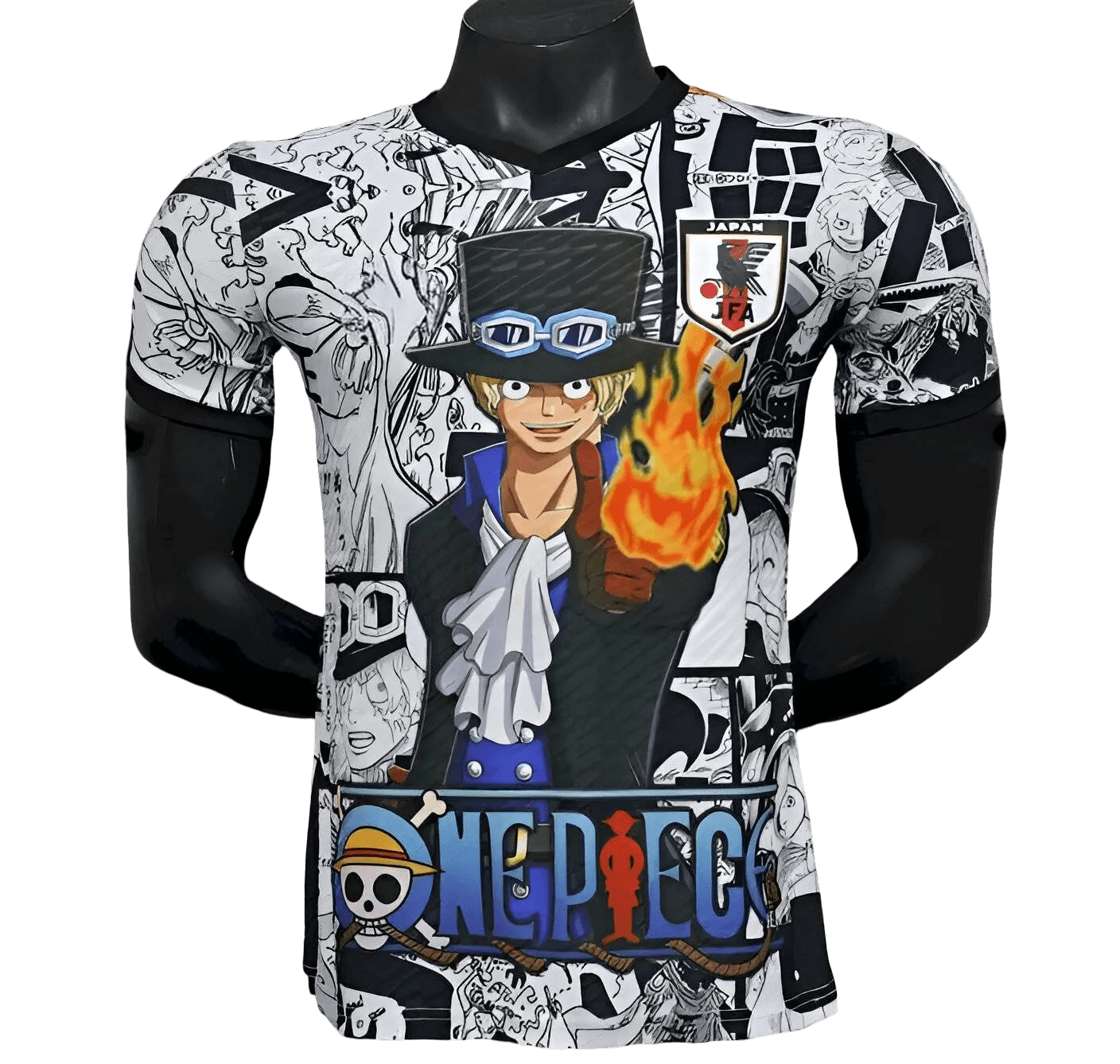 Portgas D Ace Jersey with explosive manga collage background and central orange flame effects