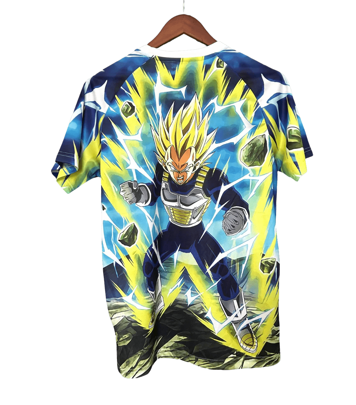 Vegeta shirt featuring Super Saiyan form with yellow and green electrical lightning effects by NipponKits Store