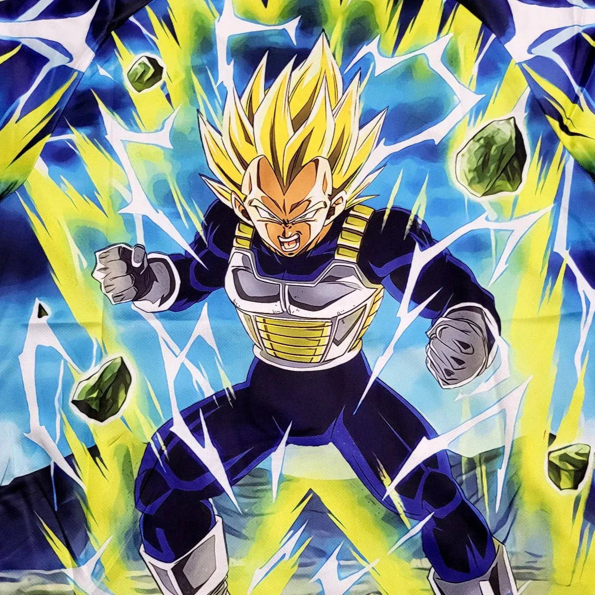 Vegeta shirt featuring Super Saiyan form with yellow and green electrical lightning effects by NipponKits Store