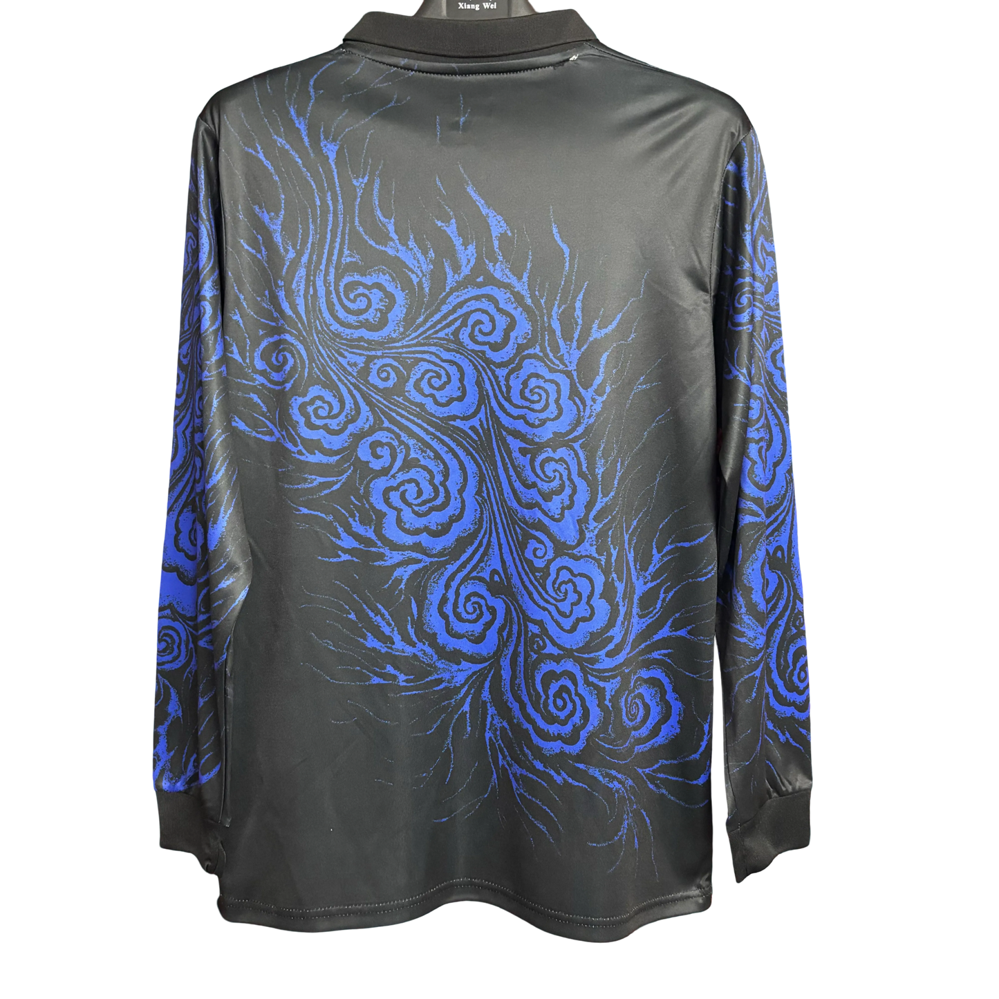 Y-3 x Yohji Yamamoto collaboration JFA long sleeve japan shirt with ornate blue swirl design
