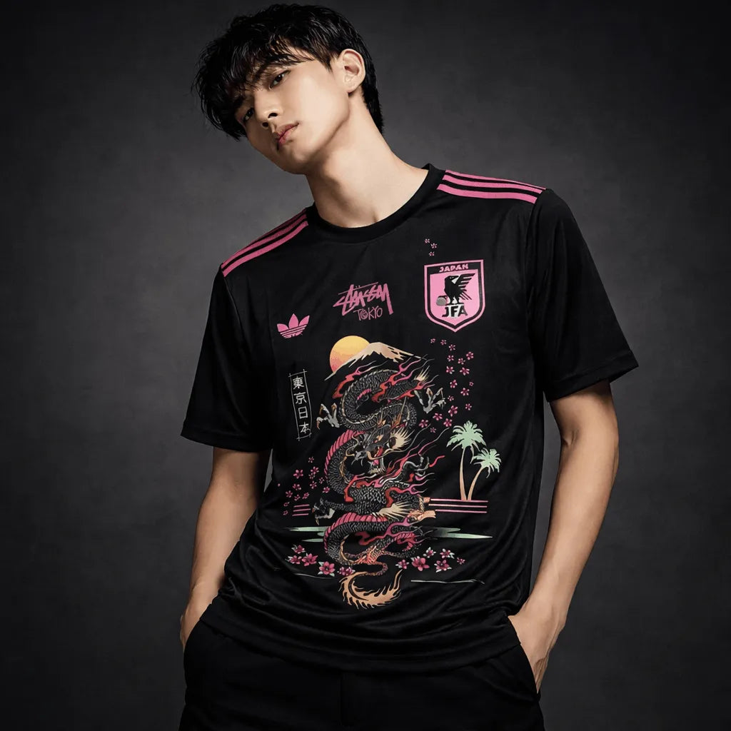 Model wearing black Stussy Japan soccer jersey with dragon design and pink stripes