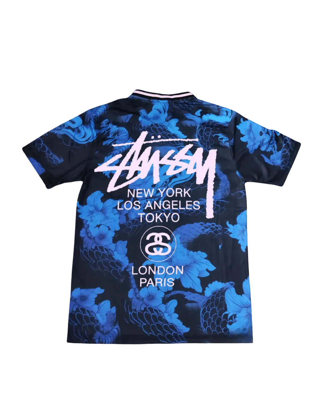 Flat lay back of blue Stussy Japan football jersey with large Stussy graphic and city typography