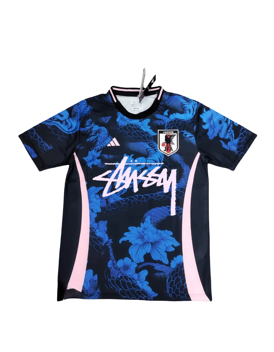 Flat lay front of blue Stussy Japan football jersey with floral and dragon overlay design
