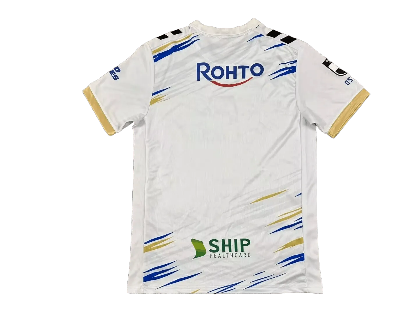 Gamba Osaka 2026/27 away soccer jersey white with blue and gold streak accents, ROHTO upper back sponsor and SHIP Healthcare lower back (back view)