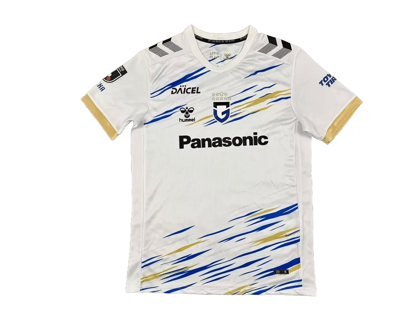 Gamba Osaka 2026/27 away jersey white with blue and gold streak graphics, Panasonic sponsor, club crest on chest (front view)