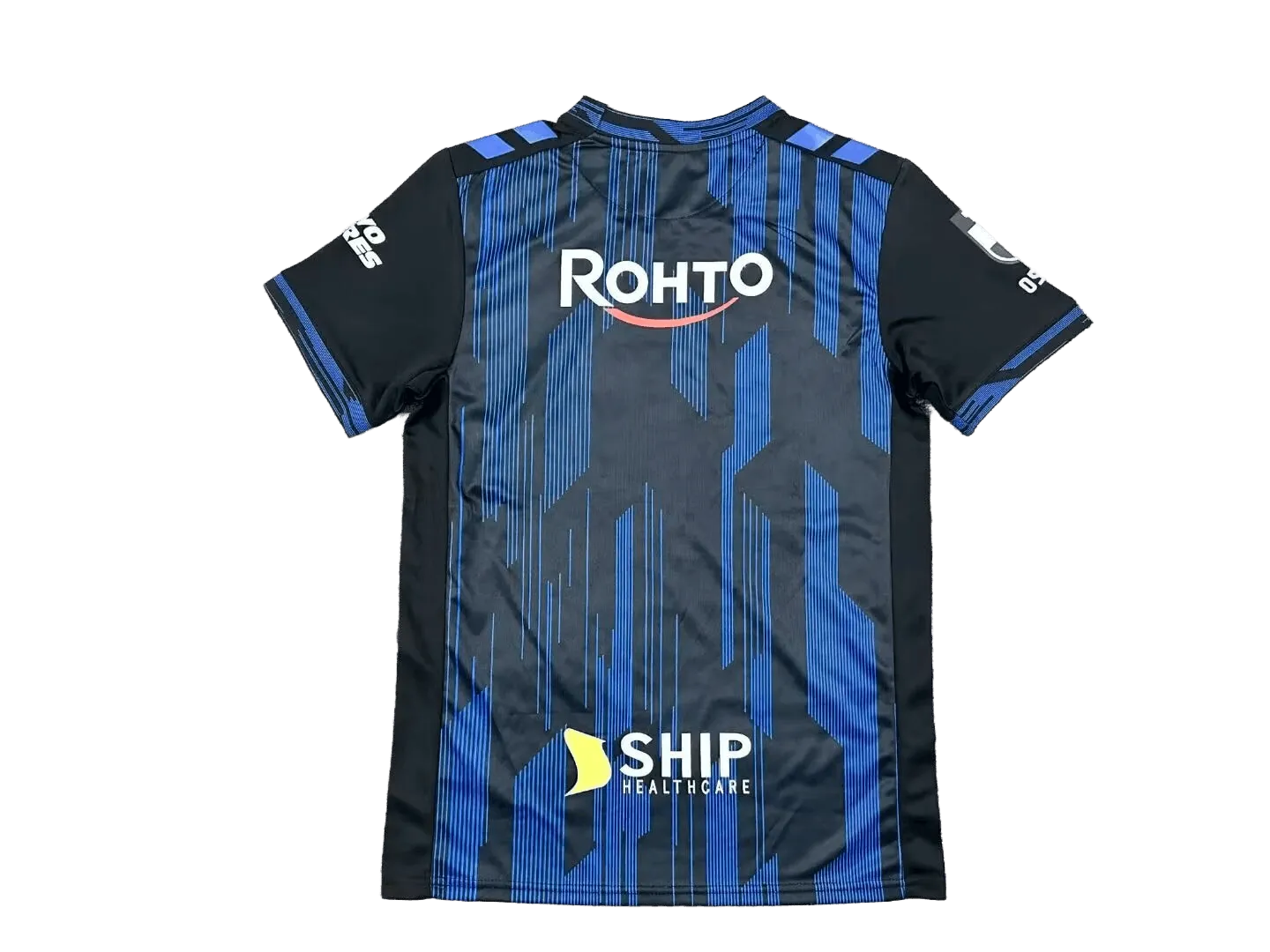 Gamba Osaka 2026/27 home jersey back in black with blue glitch stripes and Rohto sponsor