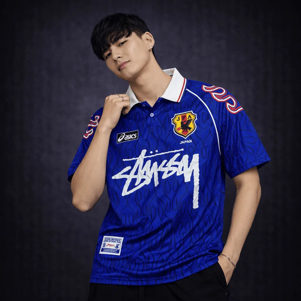 Model wearing Japan 1998 home jersey ASICS Stussy concept edition