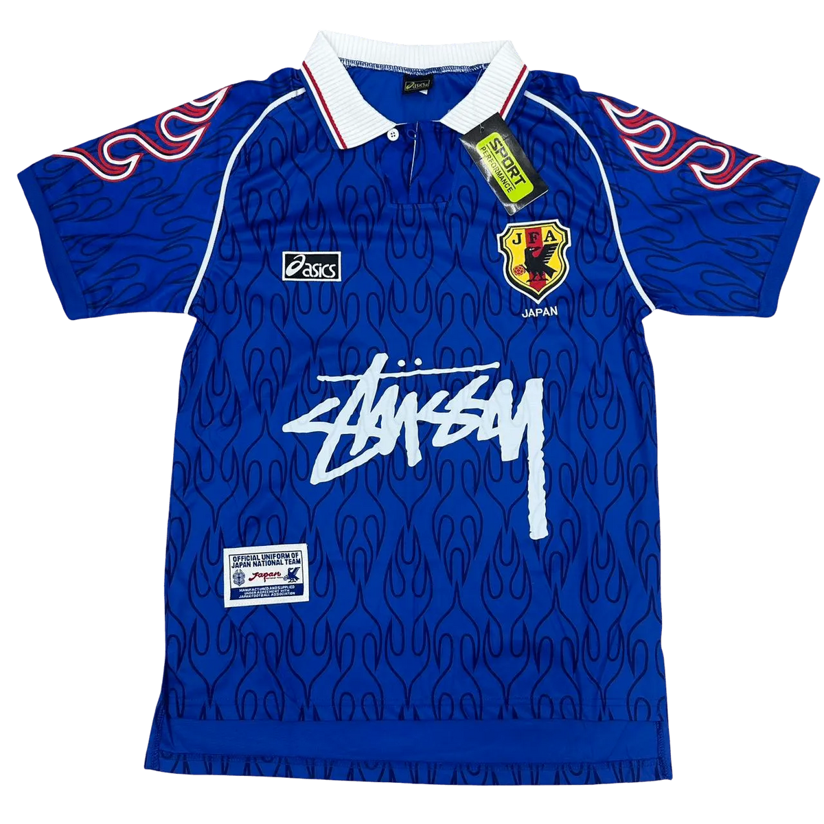 Japan 1998 home jersey ASICS blue flame pattern with Stussy logo