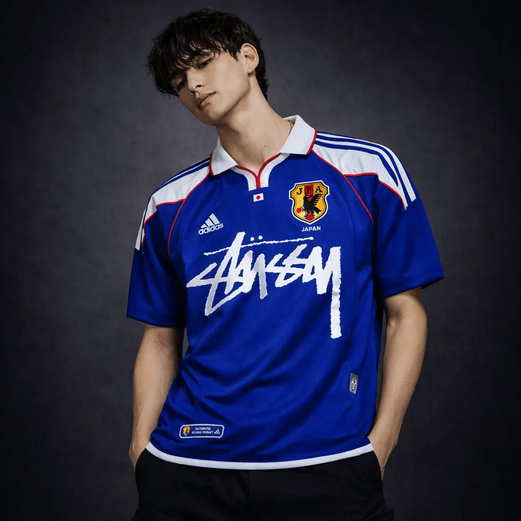 Model wearing Japan 2000 retro Stussy soccer jersey