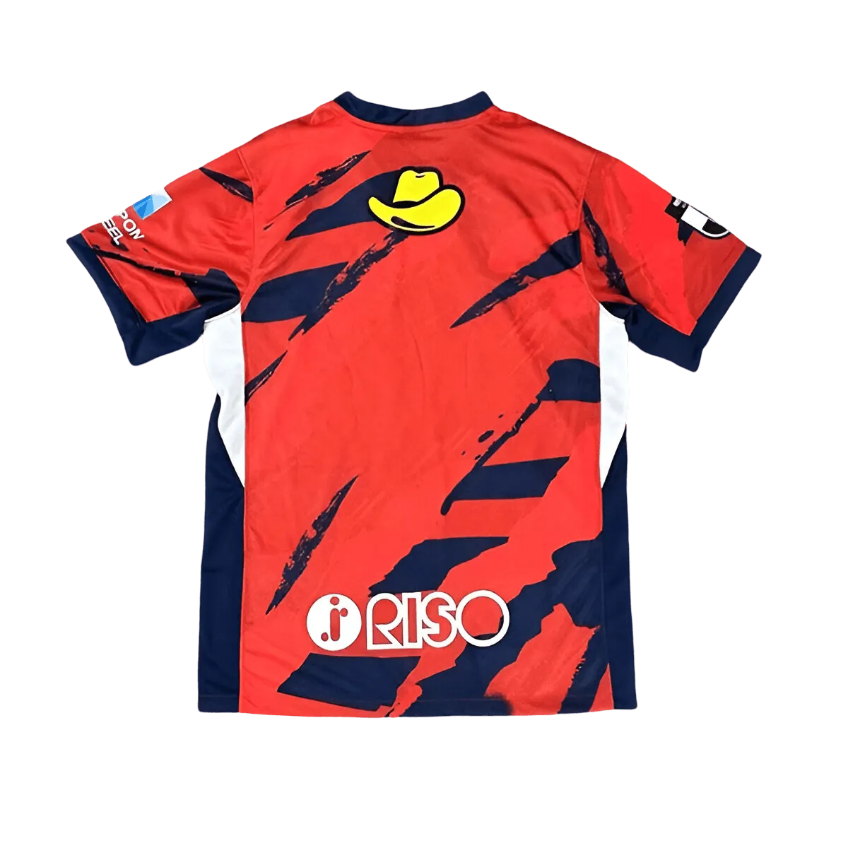 Kashima Antlers 25/26 home jersey Back view red football shirt with navy diagonal brush graphics, white LIXIL sponsor, club crest with two stars, Nike logo, J1 League 2025 edition
