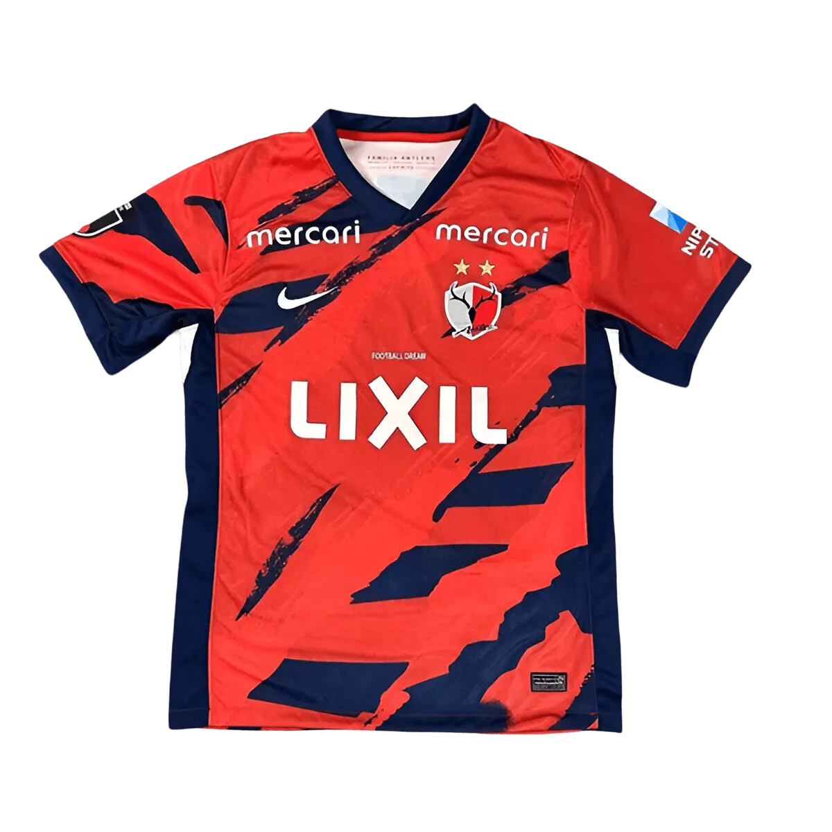 Kashima Antlers 25/26 home jersey front view red football shirt with navy diagonal brush graphics, white LIXIL sponsor, club crest with two stars, Nike logo, J1 League 2025 edition