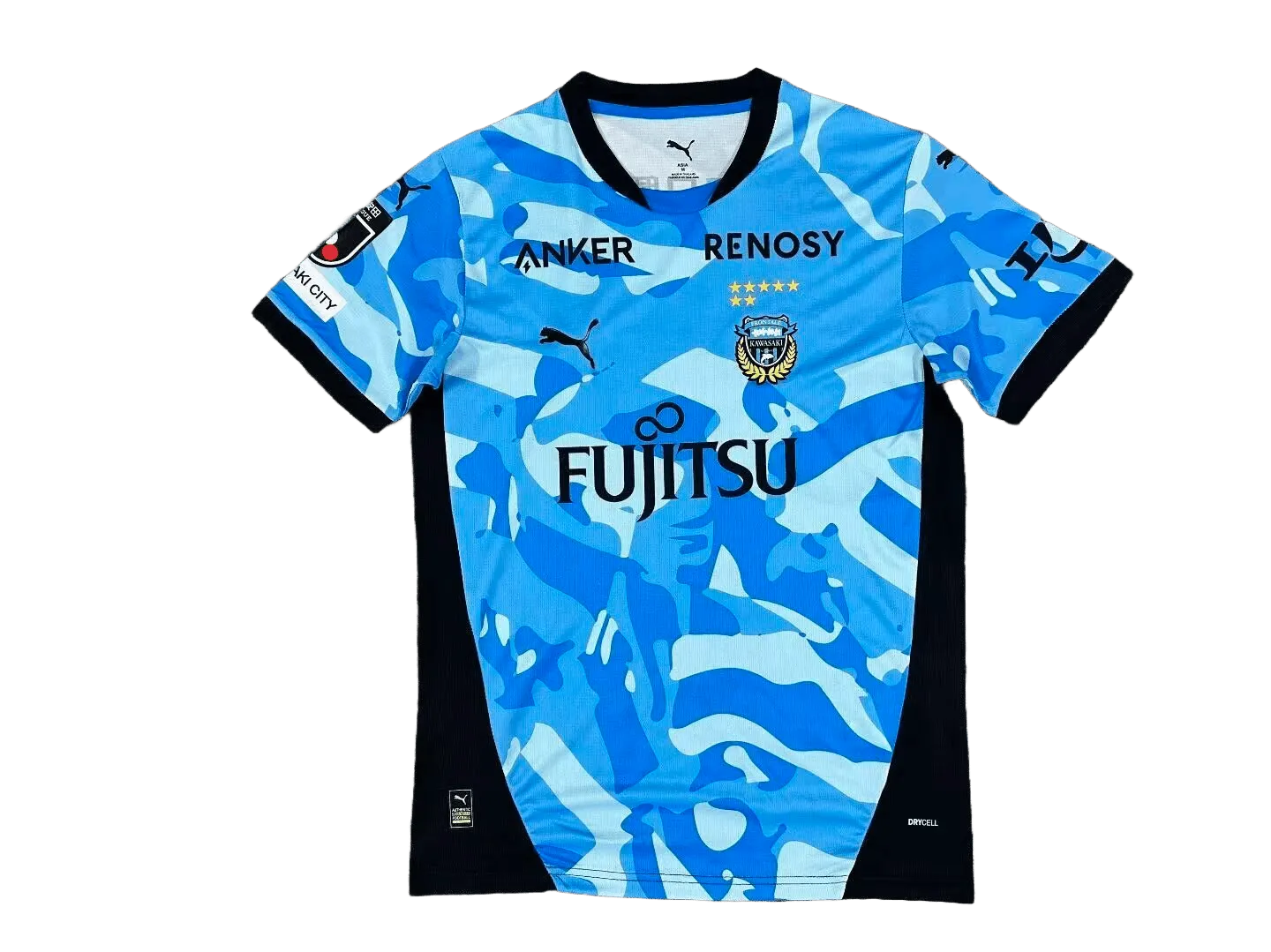 Kawasaki Frontale 2026/27 home jersey front view in blue camo with black side panels and FUJITSU sponsor