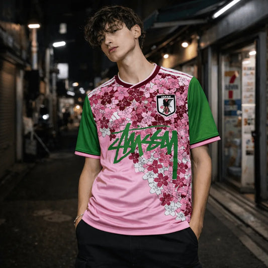 Model wearing pink Stussy Japan sakura soccer jersey