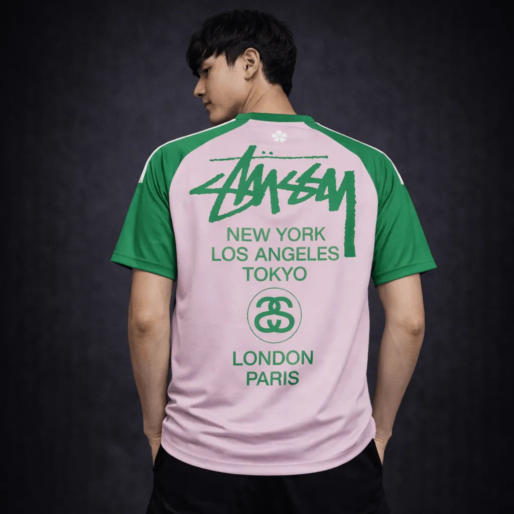 Stussy Japan soccer jersey pink green concept back with oversized script