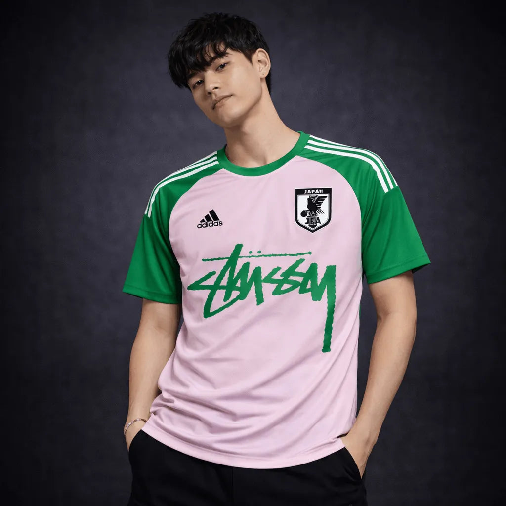 Model wearing Stussy Japan soccer jersey pink and green Nigo inspired
