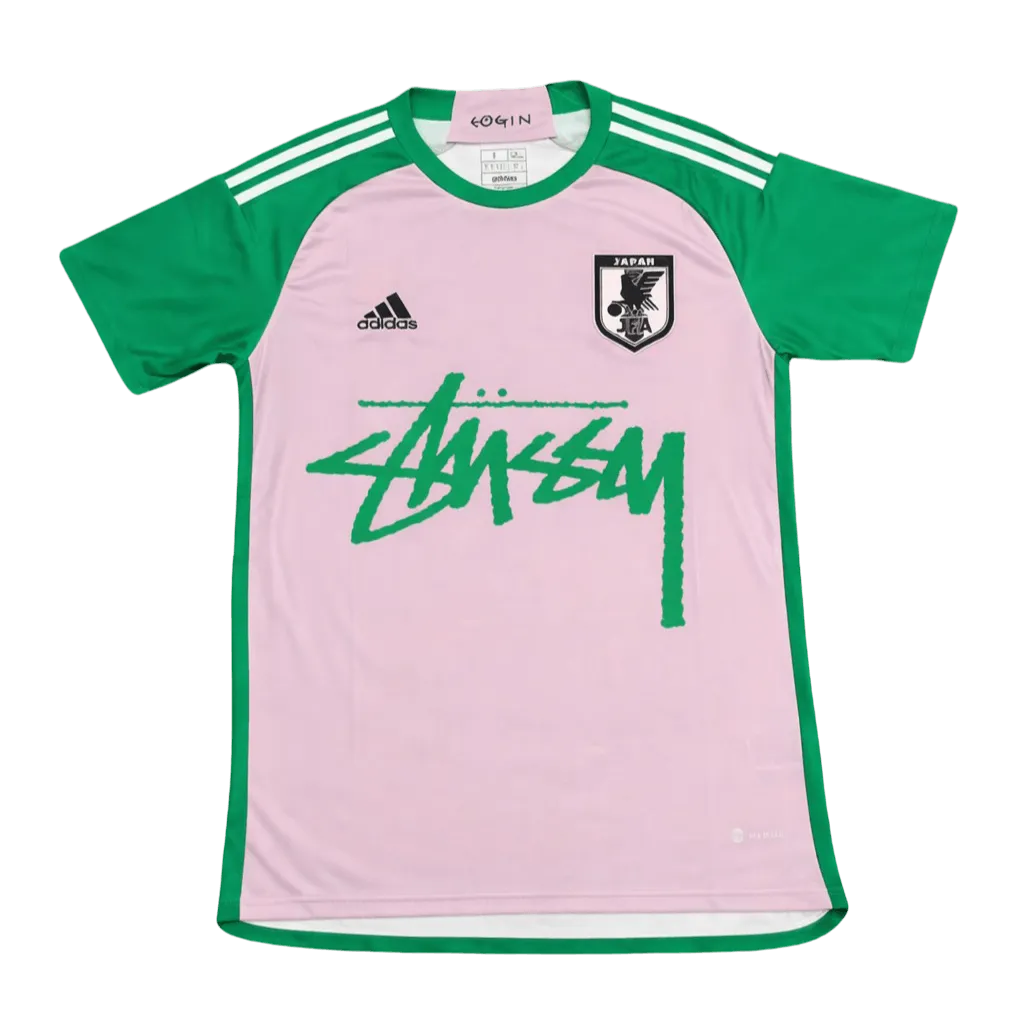 Stussy Japan soccer jersey Nigo concept pink body green sleeves front view