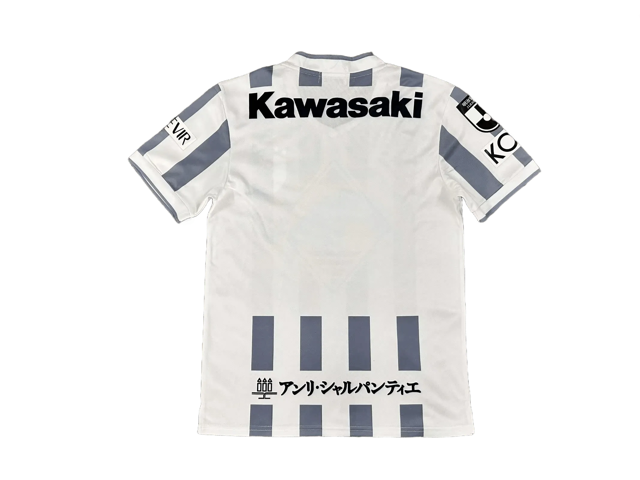 Vissel Kobe 2026/27 away jersey back view, white away football shirt with grey stripe elements and clean upper back sponsor placement, V-neck collar, sleeve stripe detail