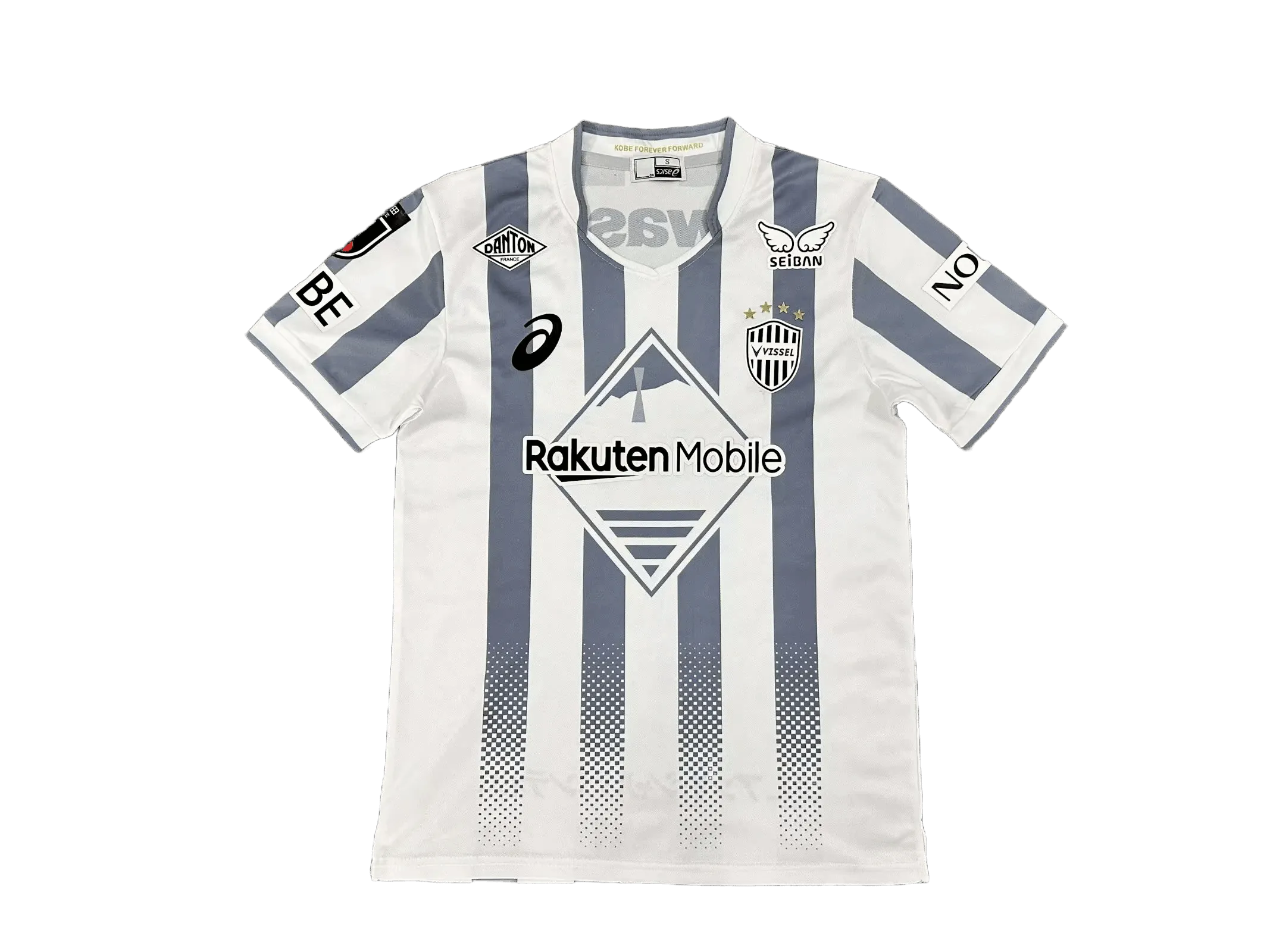 Vissel Kobe 2026/27 away jersey front view, white football shirt with grey vertical stripes and subtle dotted fade near hem, club crest on chest, sponsor block centered