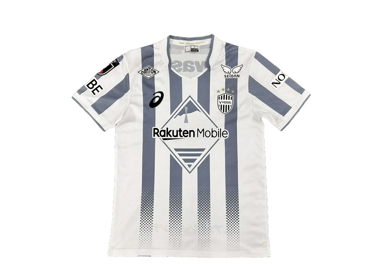 Vissel Kobe 2026/27 away jersey front view, white football shirt with grey vertical stripes and subtle dotted fade near hem, club crest on chest, sponsor block centered