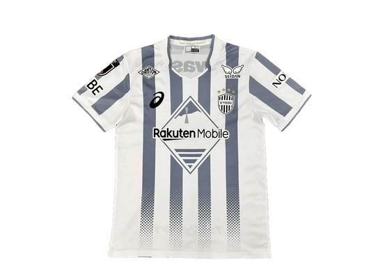 Vissel Kobe 2026/27 away jersey front view, white football shirt with grey vertical stripes and subtle dotted fade near hem, club crest on chest, sponsor block centered