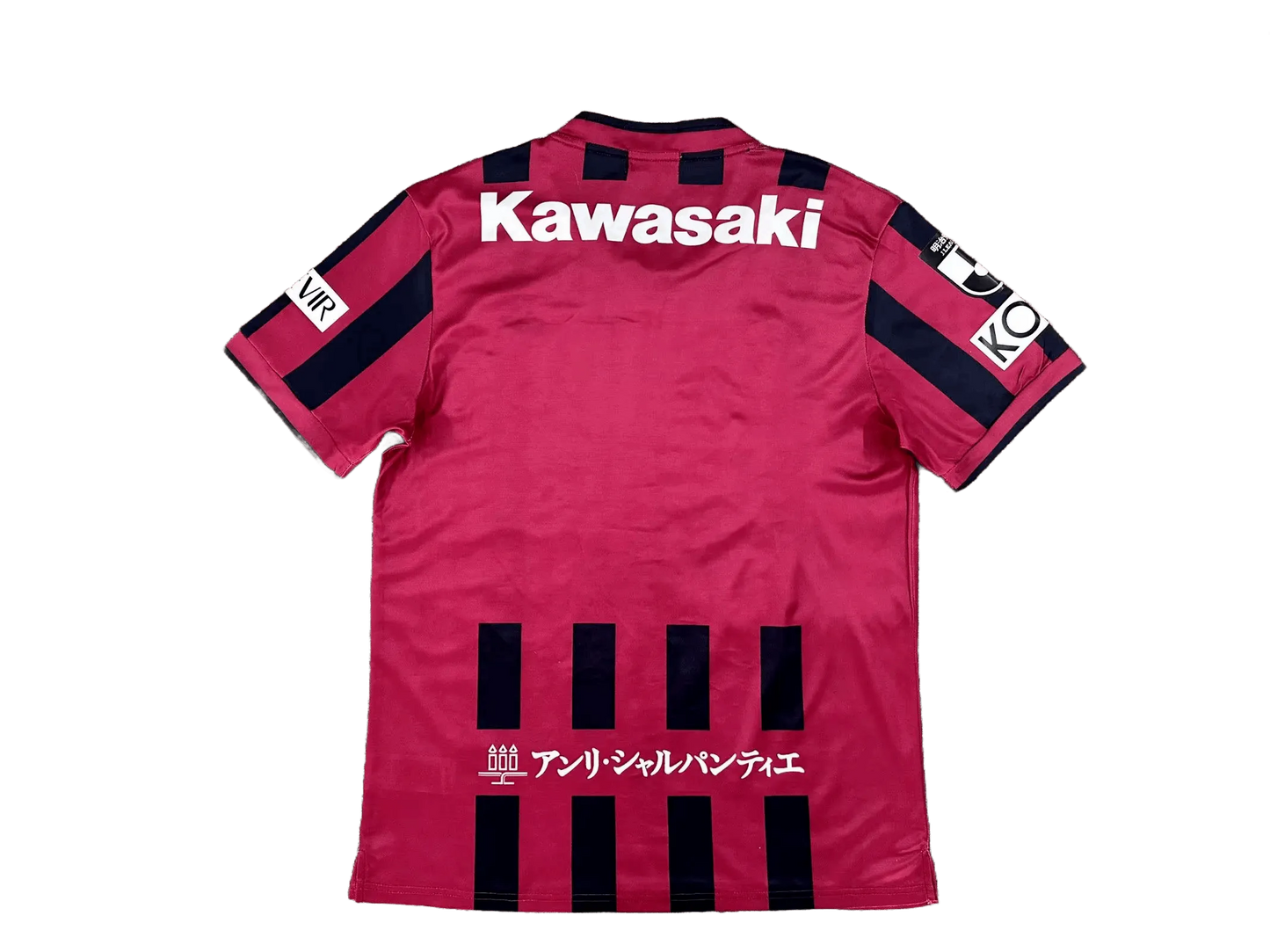Vissel Kobe 2026/27 home jersey back view, burgundy shirt with black shoulder blocks and large Kawasaki text at upper back, dark vertical stripe elements near lower back