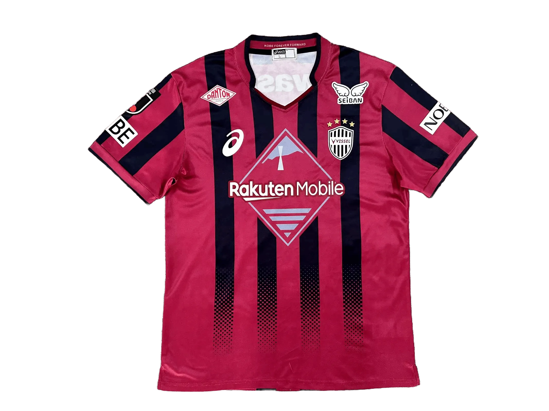 Vissel Kobe 2026/27 home jersey front view, burgundy shirt with black vertical stripes and fade-dot pattern near hem, Rakuten Mobile sponsor on chest, club crest with stars