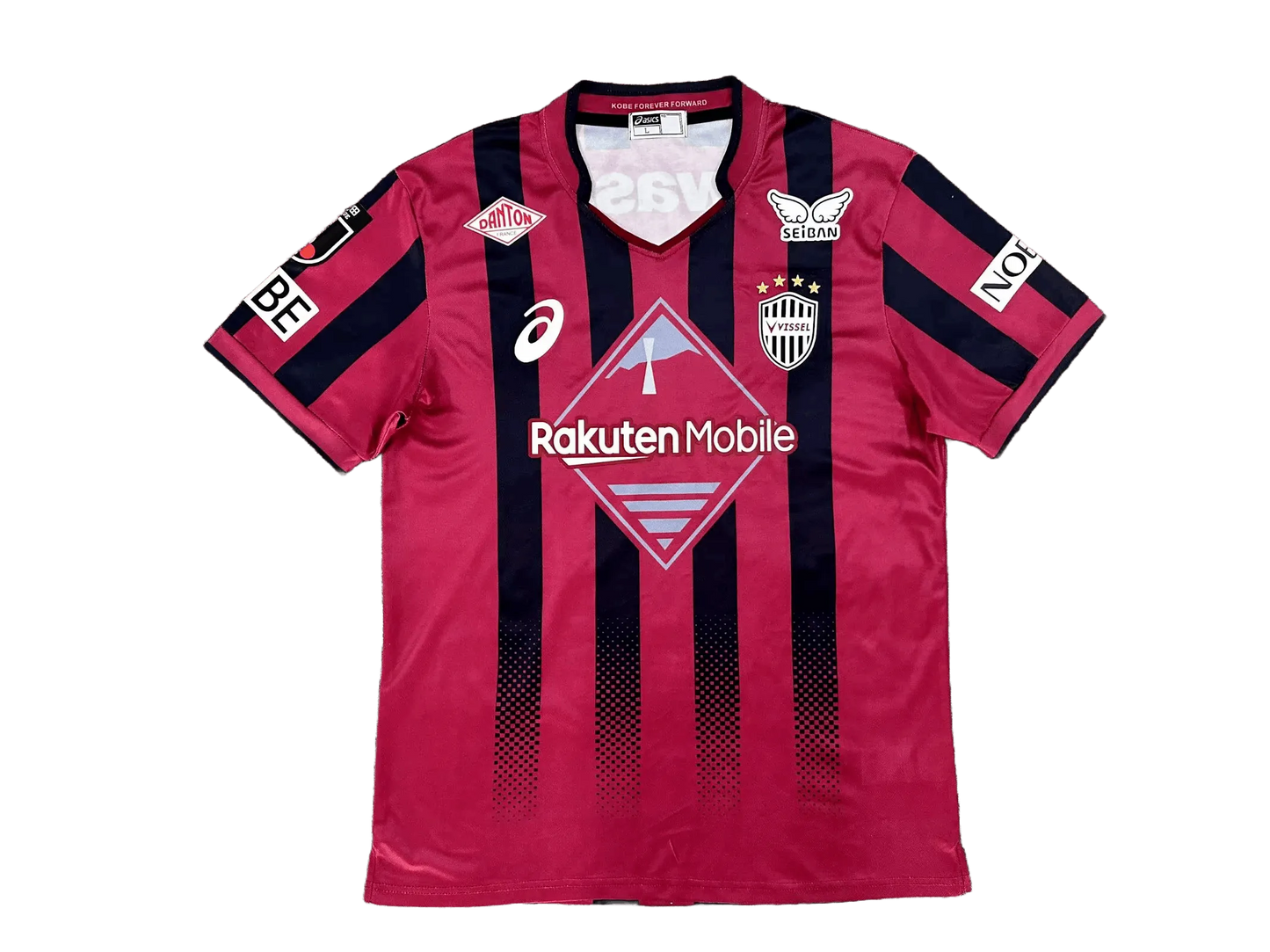 Vissel Kobe 2026/27 home jersey front view, burgundy shirt with black vertical stripes and fade-dot pattern near hem, Rakuten Mobile sponsor on chest, club crest with stars